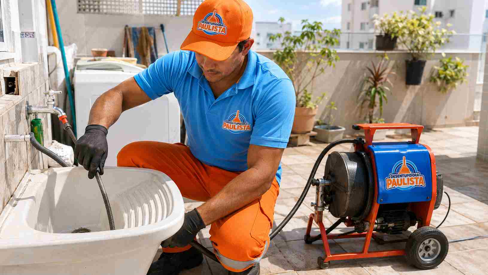 Profissional da Desentupidora Paulista realizando desentupimento de tanque
