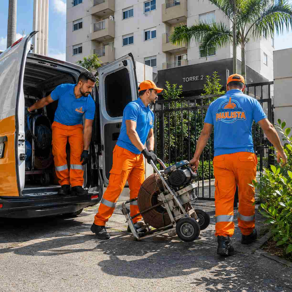 Equipe da Desentupidora Paulista atendendo condomínio Equipe da Desentupidora Paulista atendendo condomínio