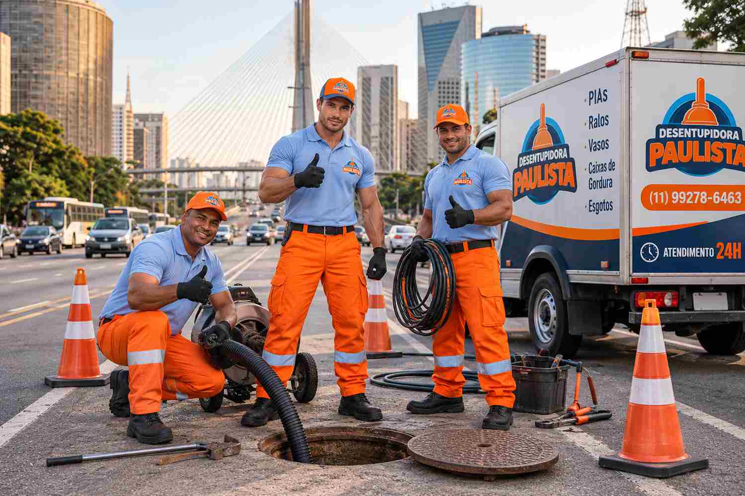 Equipe da Desentupidora Paulista com caminhão de desentupimento em São Paulo